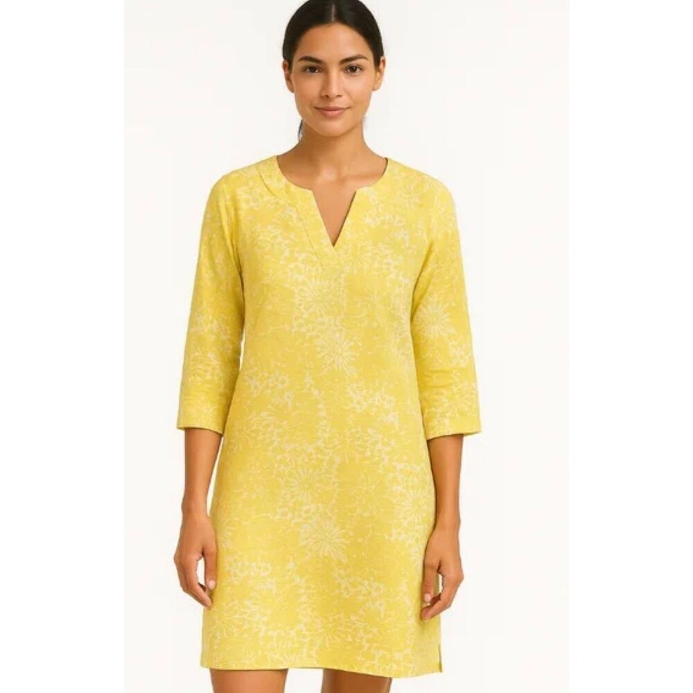 Boden 100% Linen Shift Dress 8R Yellow White Floral Print 3/4 Sleeve Midi Garden